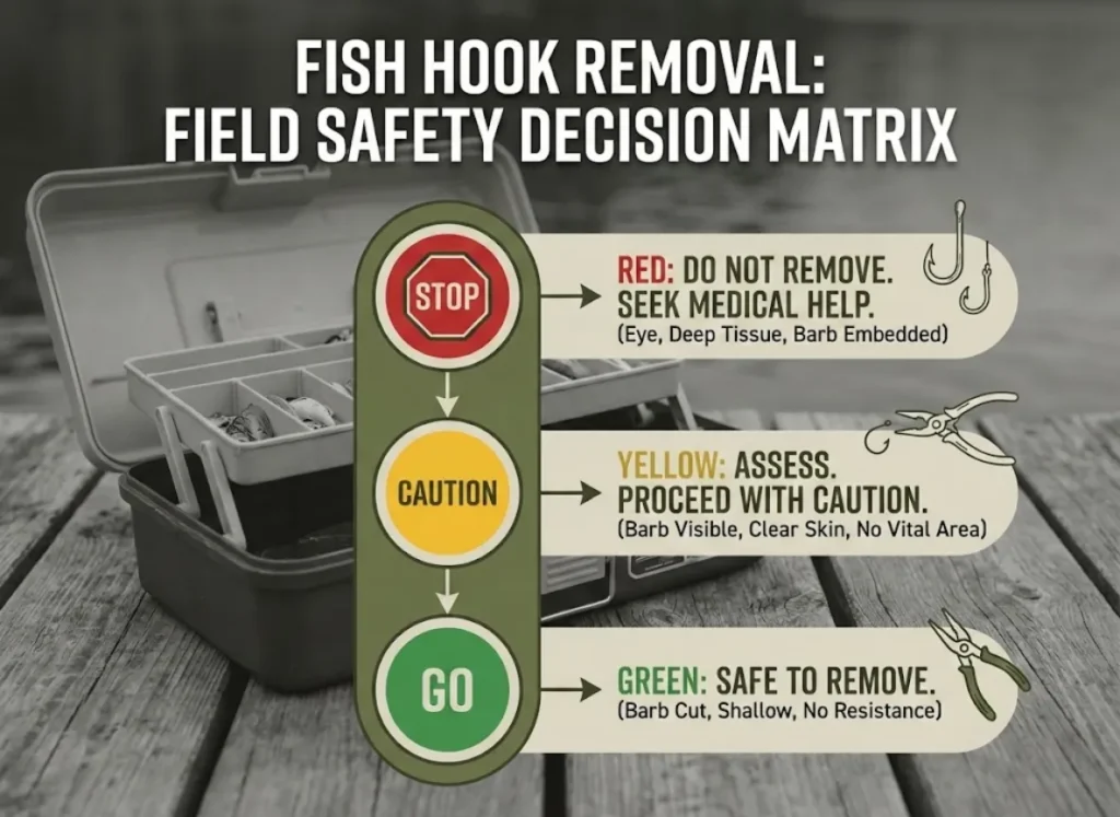 Safety flowchart for fish hook removal showing when to stop for eye injuries and when to proceed.