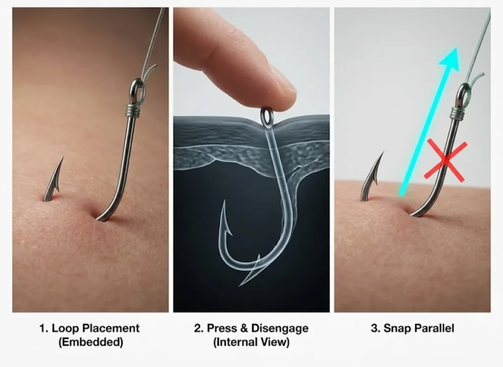 A three-panel instructional illustration demonstrating the String-Yank fish hook removal technique. Panel 1 shows the string loop placement; Panel 2 shows a finger pressing the hook eye to disengage the barb; Panel 3 shows the extraction force moving parallel to the skin surface.