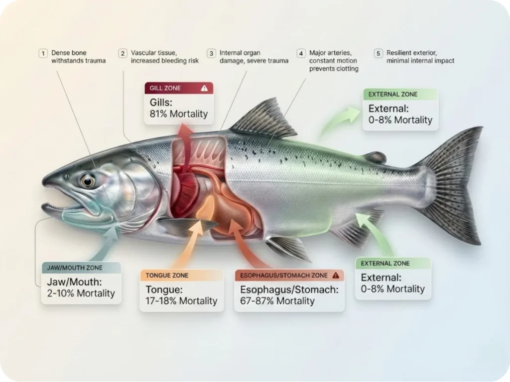 Educational anatomical diagram of a Chinook Salmon showing color-coded hooking mortality zones with percentages: jaw (green, 2-10%), tongue (yellow, 17-18%), esophagus (red, 67-87%), and gills (dark red, 81%).