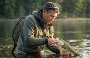 Fish Identification Mistakes: The BAMFAD Method Angler examining bass jaw position to identify fish species using BAMFAD method at lakeside