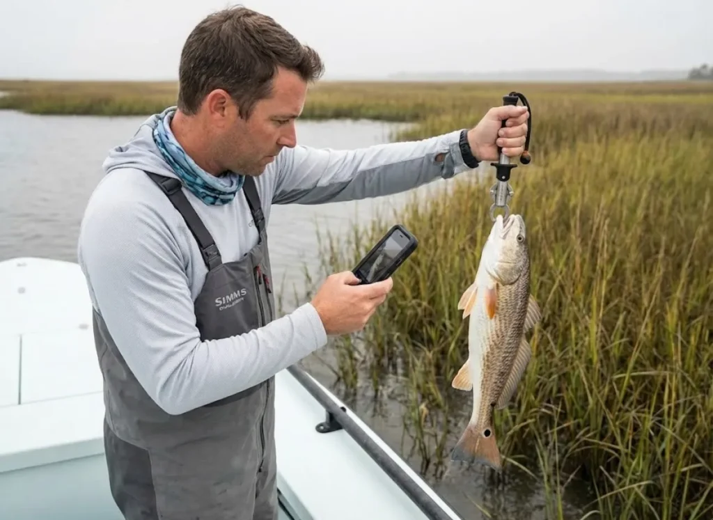 Angler photographing redfish tail spot for species identification documentation before release