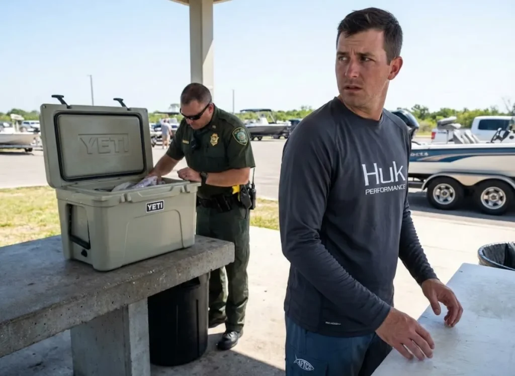 Game warden checking angler's cooler at boat ramp fish cleaning station for regulation compliance