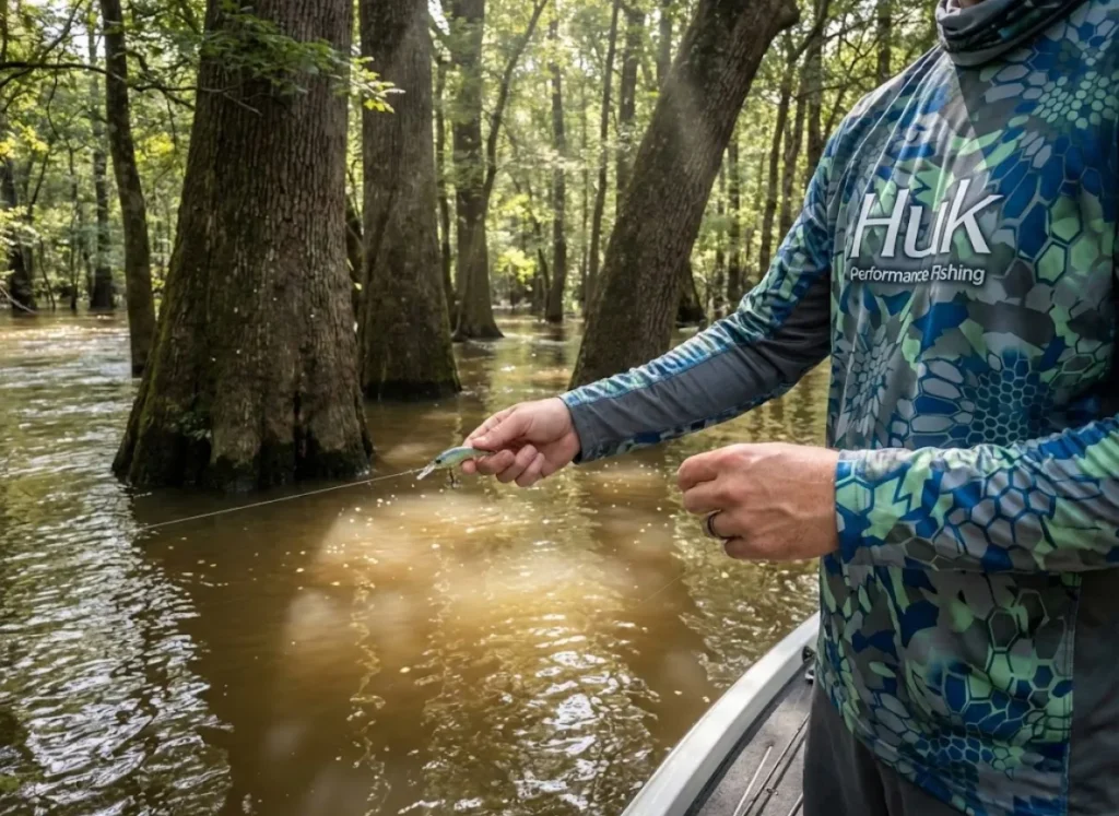 Angler pitching a lure into a flooded forest of oak trees, dappled sunlight hitting the stained water, wearing Huk performance gear.