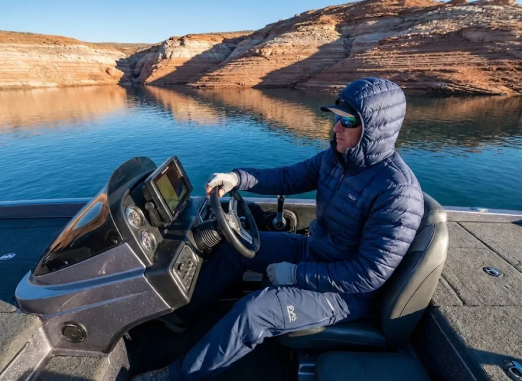 Angler in a Patagonia jacket observing exposed rocky banks and bathtub rings on a reservoir during winter low water levels.