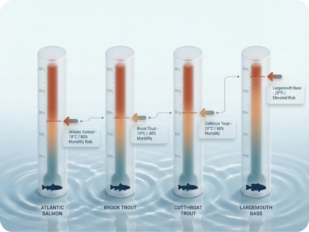 Premium data visualization showing critical water temperature thresholds for catch-and-release mortality across four species: Atlantic Salmon 18°C, Brook Trout 19°C, Cutthroat Trout 20°C, and Largemouth Bass 28°C.