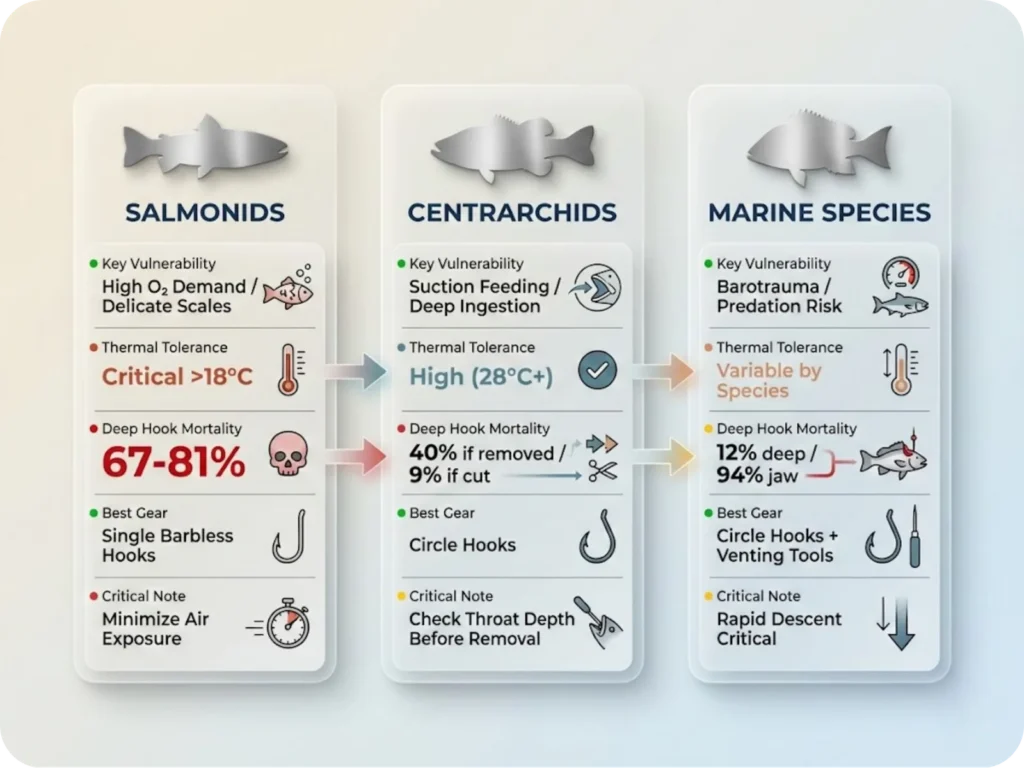 Premium comparison infographic showing angling mortality profiles for three fish groups: Salmonids (high oxygen demand, low thermal tolerance), Centrarchids (suction feeding vulnerability), and Marine species (barotrauma risk), with handling recommendations.