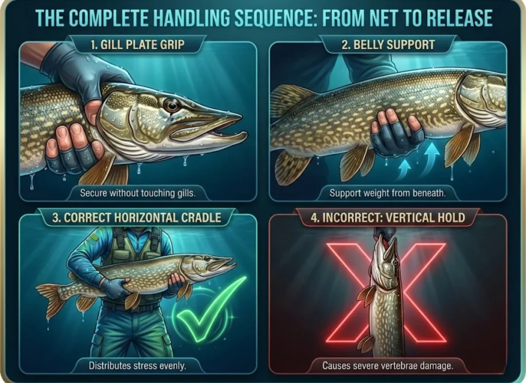 A four-panel infographic illustrating proper catch-and-release fish handling. Panel 1 shows a hand gripping the gill plate exterior. Panel 2 shows adding belly support. Panel 3 shows a correct horizontal cradle hold with a green check. Panel 4 shows an incorrect vertical hold overlaid with a large red X.