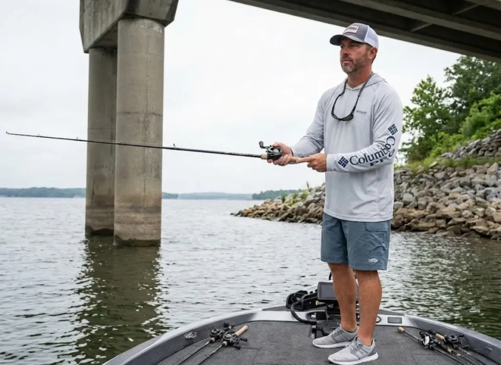 Angler casting jig near bridge rip-rap constriction on bass fishing lake causeway