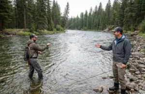 Fishing Etiquette Sharing Water: The 3C Code Two fly anglers demonstrating proper river etiquette spacing and communication on mountain river