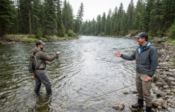 Fishing Etiquette Sharing Water: The 3C Code Two fly anglers demonstrating proper river etiquette spacing and communication on mountain river