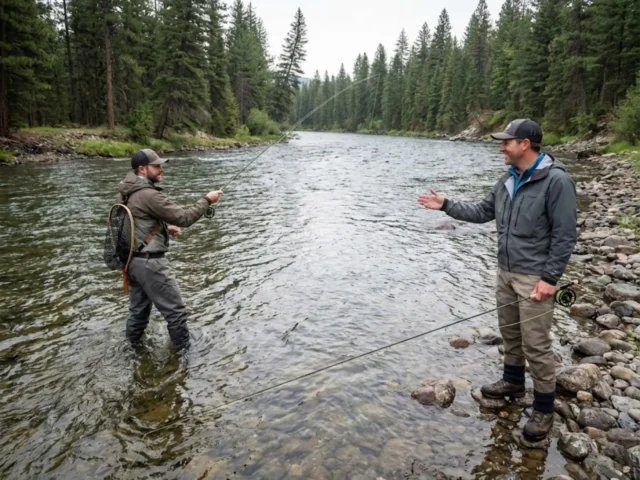 fishing-etiquette-river-spacing-communication Two fly anglers demonstrating proper river etiquette spacing and communication on mountain river