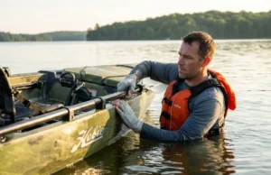 Flipped Your Fishing Kayak? Here’s How to Get Back In Angler in PFD gripping capsized Hobie fishing kayak preparing deep water reentry