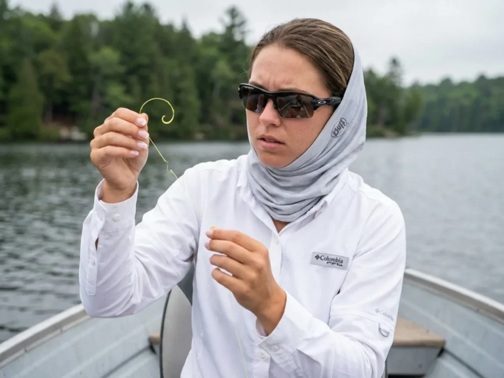 Female angler examining broken fishing line showing pig tail knot slippage failure on lake