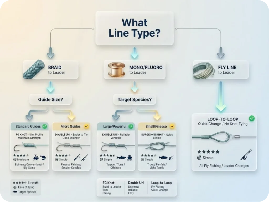 Decision tree flowchart for selecting optimal fishing knots based on line type (braid/mono/fly), rod guide size (standard/micro), and target species, resulting in FG Knot, Double Uni, or Loop-to-Loop recommendations with fishing-themed icons.