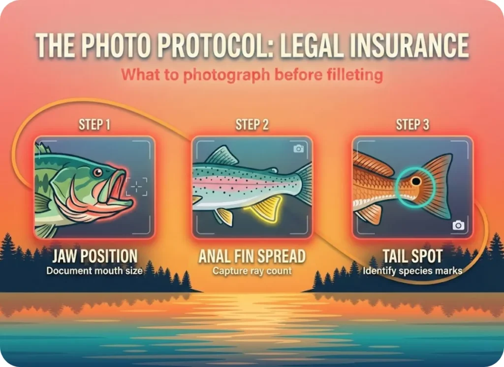 An infographic titled "The Photo Protocol" for anglers, showing three illustrated steps for photographing fish before filleting: checking jaw position on bass, spreading anal fins on trout, and documenting tail spots on Redfish.