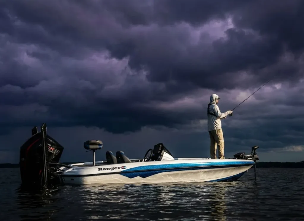 A wide angle shot of a solitary fishing boat on a large lake beneath a massive, towering thunderstorm cloud, illustrating vulnerability and risk.