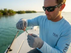 The Only 3 Fishing Line to Leader Connection Methods I Trust Angler tying FG knot with braided line to fluorocarbon leader on saltwater flats boat at sunrise