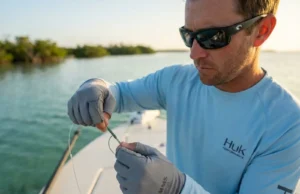 The Only 3 Fishing Line to Leader Connection Methods I Trust Angler tying FG knot with braided line to fluorocarbon leader on saltwater flats boat at sunrise