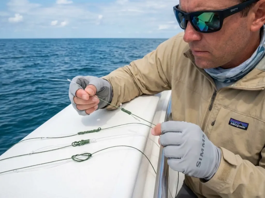 Angler comparing three fishing line to leader knots side by side on offshore boat deck