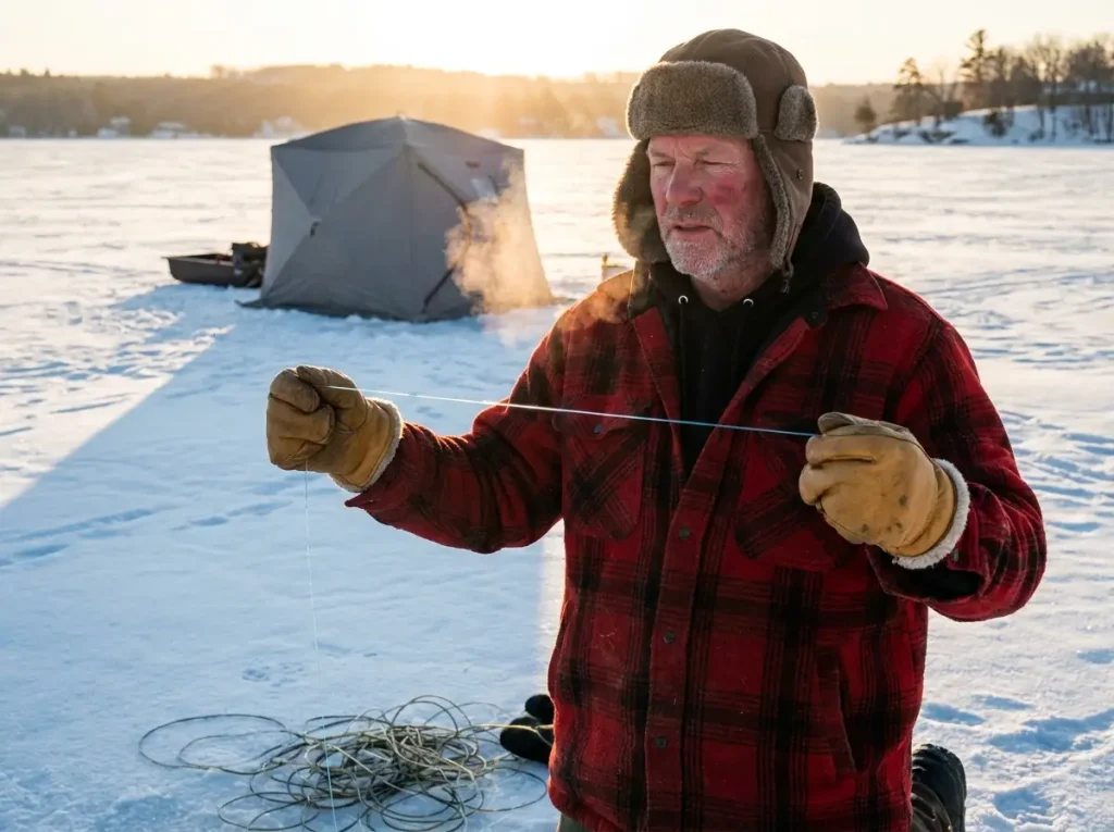 Angler stretching limp cold water monofilament between gloved hands to show low memory