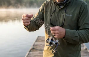 Fishing Line Memory: What Causes It and How to Fix It Angler pulling coiled fishing line from spinning reel showing line memory problem