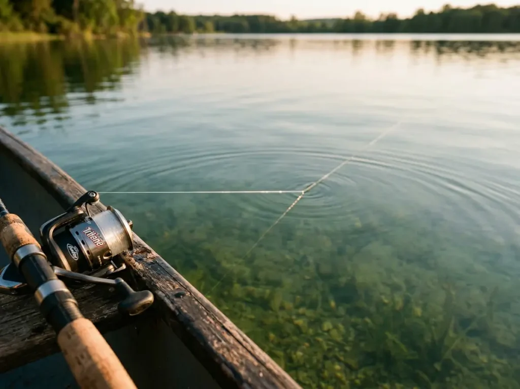 Fishing line entering the water surface at an angle showing light bending where line meets water