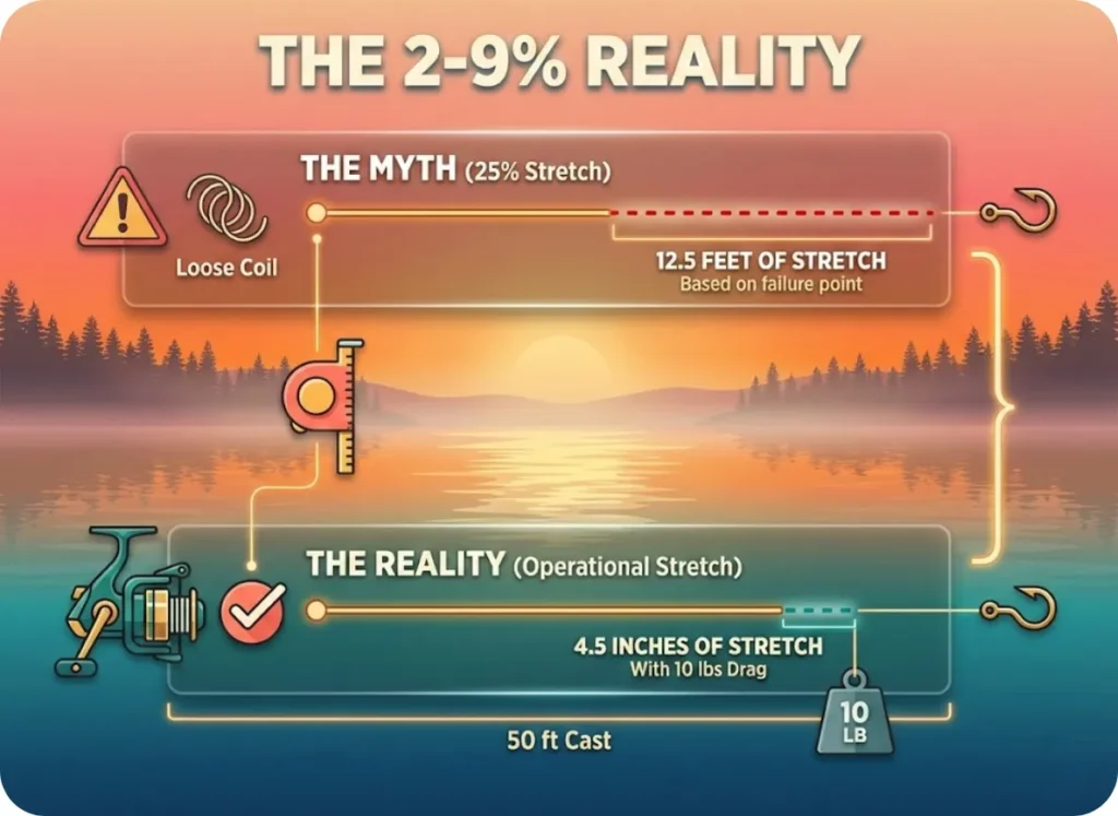 A comparison infographic set against a sunset lake background illustrating the difference between the myth of 25% fishing line stretch versus the reality of 2-9% operational stretch, featuring flat icons of fishing reels and measurement scales.
