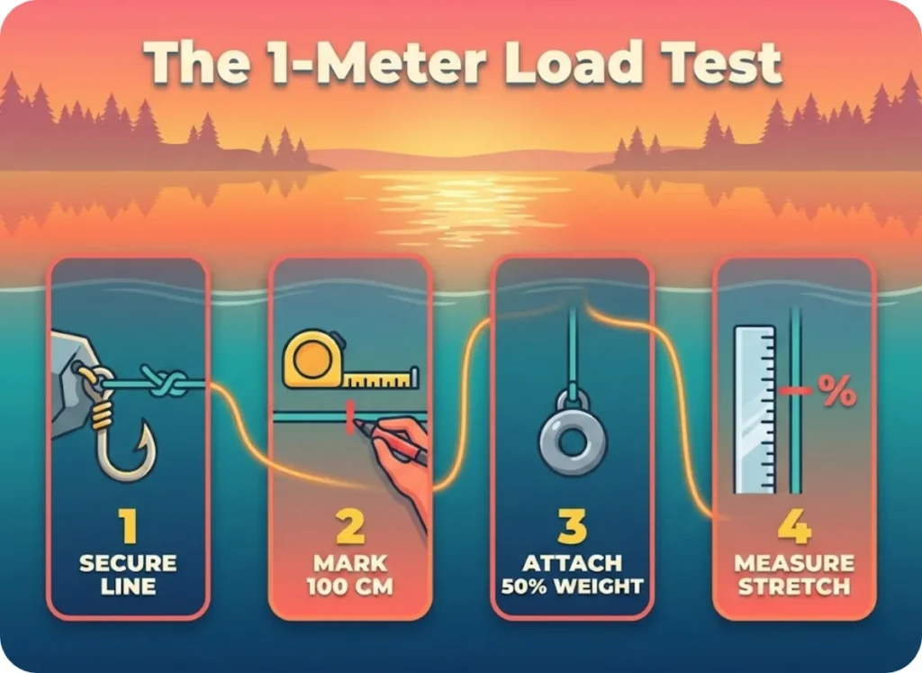 A 4-step illustrated infographic set against a sunset lake background showing the Katran Method for testing fishing line stretch: securing the line, marking length, adding weight, and measuring elongation.