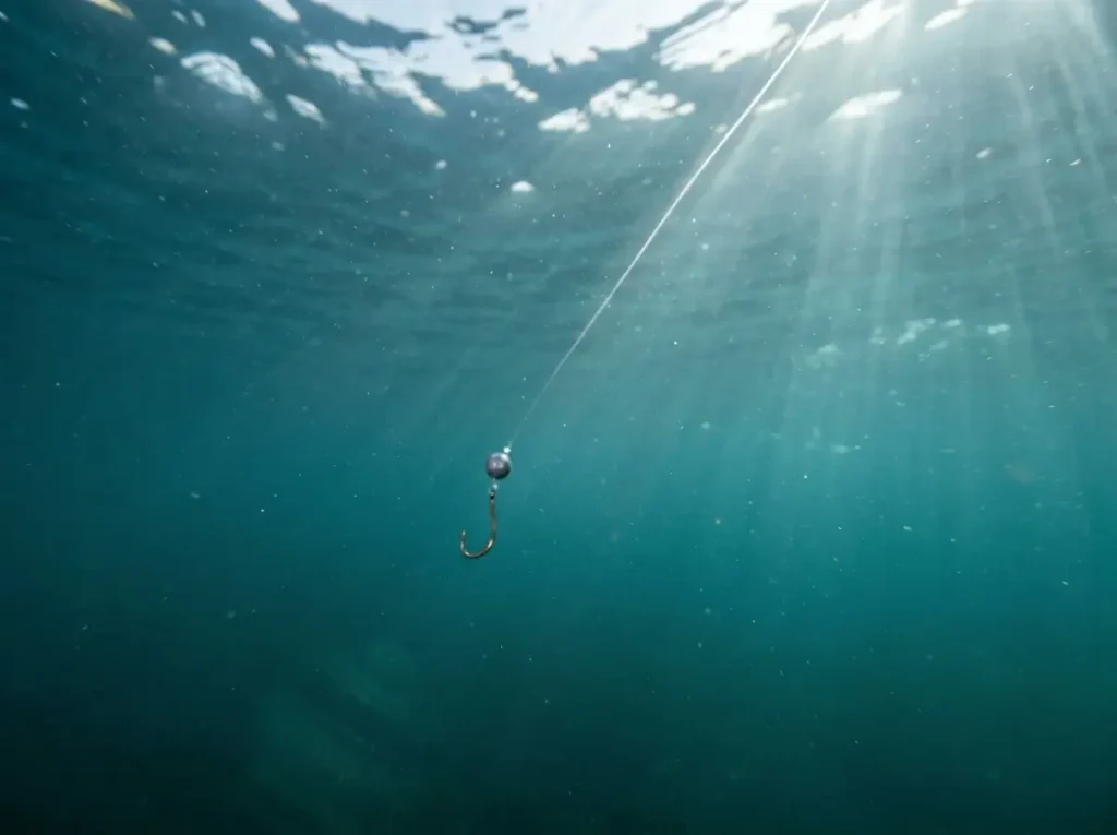 Underwater view of a faint fishing line descending through clear water proving it is still visible