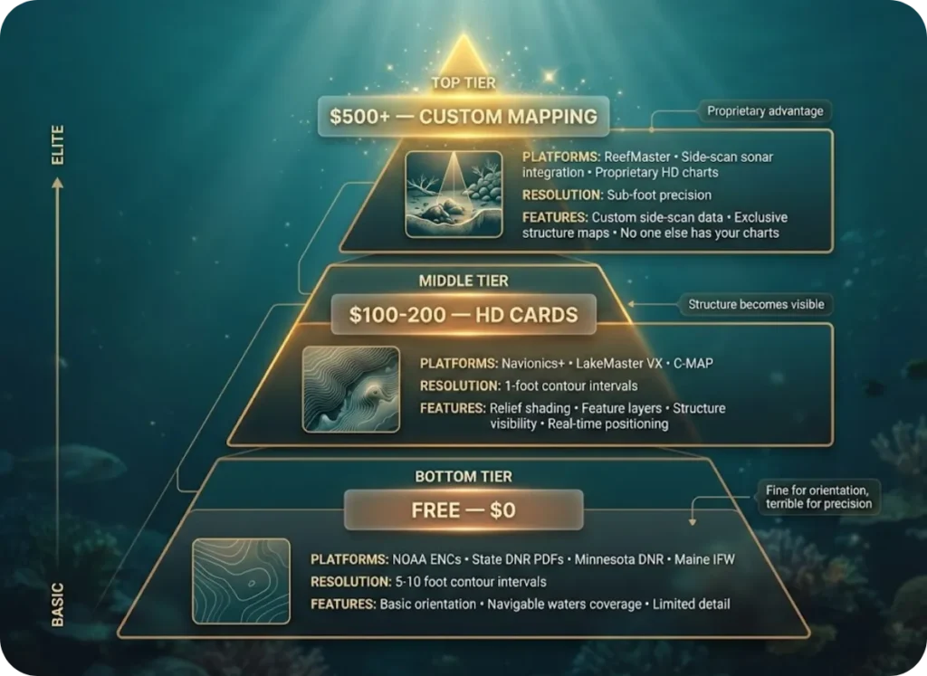 Tiered pyramid infographic comparing fishing map options from free to premium, showing cost levels, platforms, contour resolution, and key features at each tier from basic NOAA charts to custom side-scan mapping.