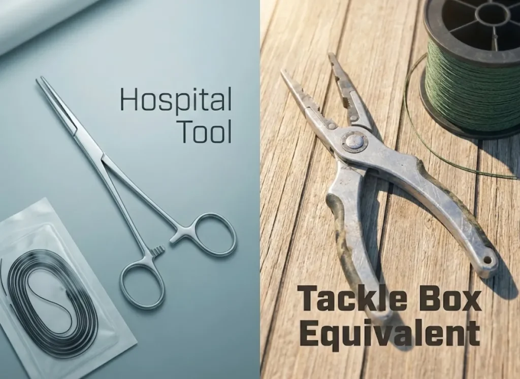 A split-screen visual comparison infographic featuring medical hemostats and suture silk on the left labeled "Hospital Tool," contrasted with fishing pliers and heavy braided line on the right labeled "Tackle Box Equivalent."