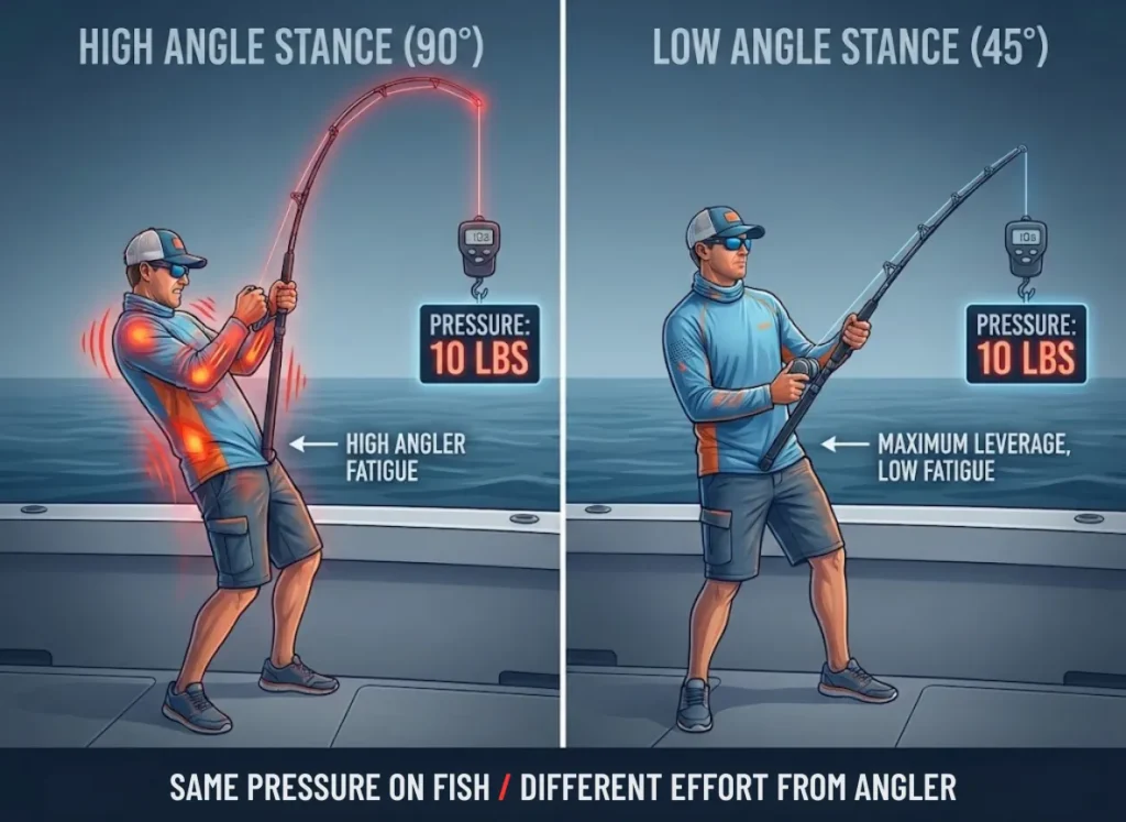 A side-by-side infographic comparing fishing rod angles. The left panel shows a stressed angler holding a rod at 90 degrees with a scale reading "PRESSURE: 10 LBS". The right panel shows a relaxed angler holding a rod at 45 degrees, also with a scale reading "PRESSURE: 10 LBS". Large text below reads "SAME PRESSURE ON FISH / DIFFERENT EFFORT FROM ANGLER".