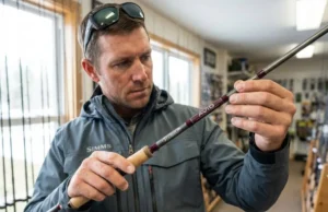 Fishing Rod Label Specs Explained: Power, Action, and More Angler examining fishing rod label specs on St. Croix rod in tackle shop