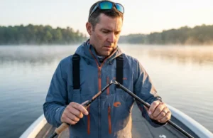 Fishing Rod Warranty Voided? Here’s What Manufacturers Check Angler examining broken fishing rod fracture point on boat deck to assess warranty claim eligibility