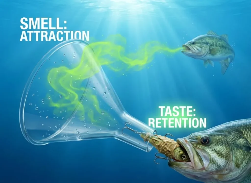A split-level underwater infographic using a funnel metaphor to explain fish biology. The top wide section illustrates "Smell" as a dispersing cloud for distance attraction, while the narrow bottom section illustrates "Taste" as a specific contact point on a lure for bite retention.