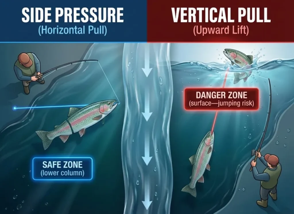 Overhead infographic comparing fishing techniques: Side pressure keeps the fish deep in the 'SAFE ZONE' by pulling across the current, while a vertical pull lifts the fish to the 'DANGER ZONE' at the surface, causing it to jump.
