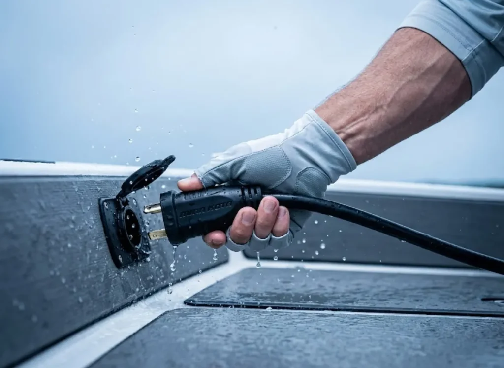 Close-up of an angler's hand disconnecting a trolling motor plug from the boat panel as a safety precaution during a storm.
