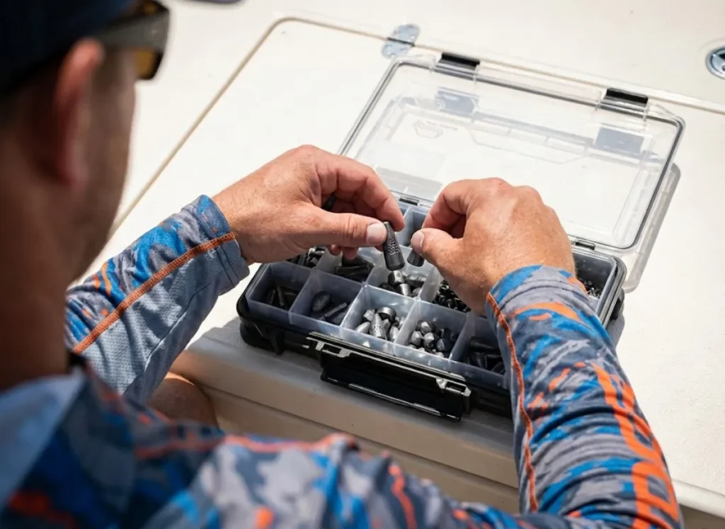 Close up of angler's hands sorting non-toxic weights into a Plano tackle organizer.