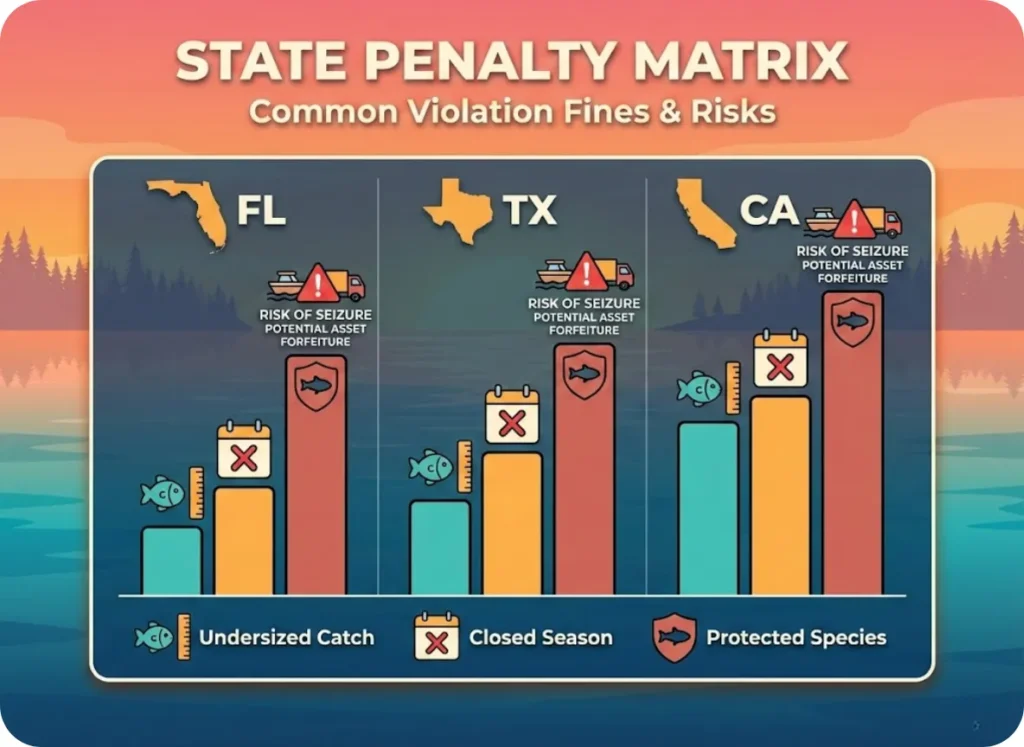 A bar chart comparing fishing violation fines in Florida, Texas, and California, featuring illustrated icons for undersized fish, closed seasons, and potential boat forfeiture against a sunset water background.
