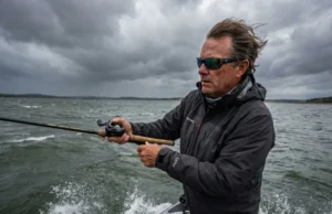 Fishing in Wind: Boat Control & Casting Tactics That Work Angler casting sidearm from bass boat bow in heavy wind with whitecaps on lake