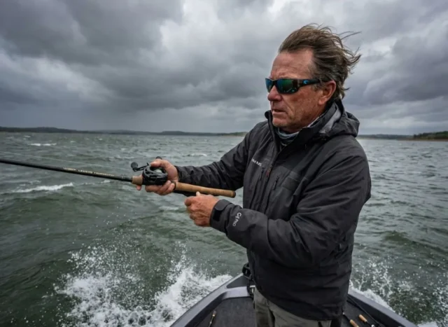 fishing-wind-boat-control-casting-hero Angler casting sidearm from bass boat bow in heavy wind with whitecaps on lake