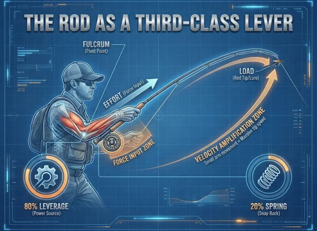 A technical infographic titled 'THE ROD AS A THIRD-CLASS LEVER' shows a fly fisher casting. A diagram overlay highlights the Fulcrum (Elbow/Hand), Effort (Forearm), and Load (Rod Tip/Lure) points. A curved arrow marks the 'Velocity Amplification Zone' at the rod tip, and a shorter arrow marks the 'Force Input Zone' at the handle. Text boxes explain '80% Leverage' and '20% Spring'.