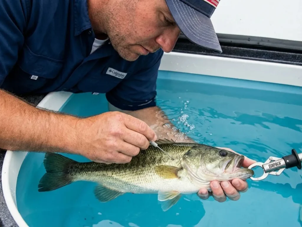 Angler performing fizzing procedure on tournament bass to relieve swim bladder barotrauma