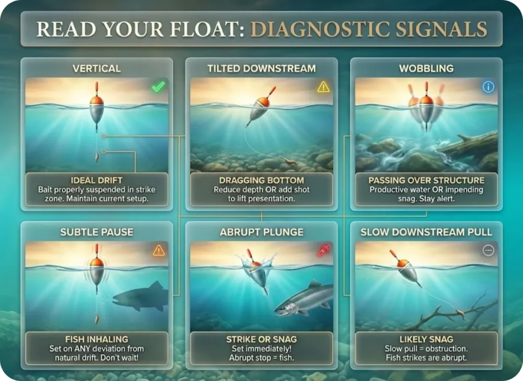 Float behavior troubleshooting matrix infographic displaying six float positions including vertical, tilted downstream, wobbling, pausing, and plunging, with diagnostic interpretation and corrective action recommendations for steelhead float fishing.