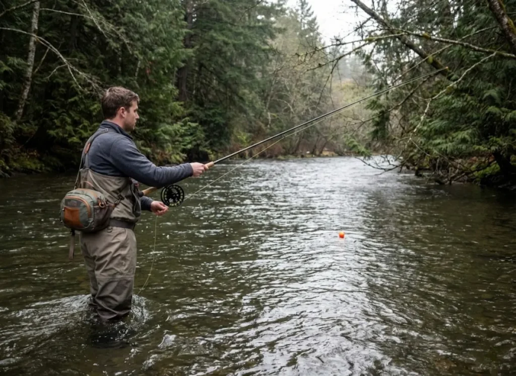 Angler mending line while float fishing for steelhead in Pacific Northwest river
