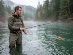 Float Fishing for Steelhead: From Physics to Fish Angler float fishing for steelhead in Pacific Northwest river, watching centerpin float drift
