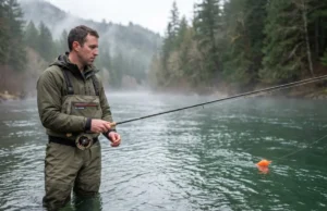 Float Fishing for Steelhead: From Physics to Fish Angler float fishing for steelhead in Pacific Northwest river, watching centerpin float drift