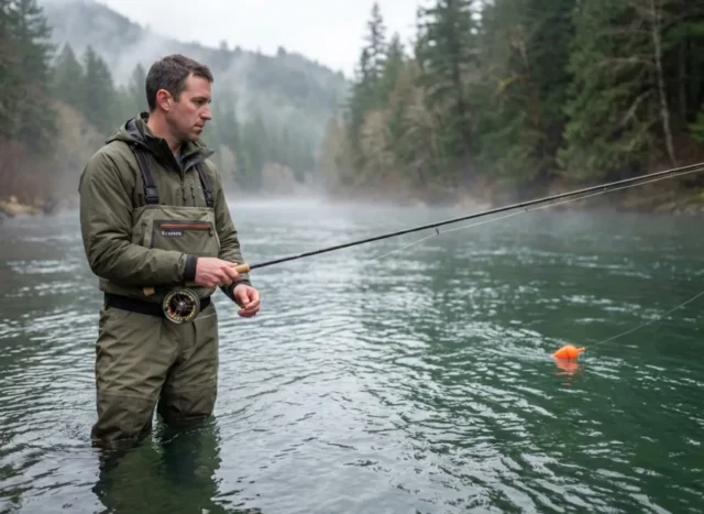 float-fishing-steelhead-centerpin-river Angler float fishing for steelhead in Pacific Northwest river, watching centerpin float drift
