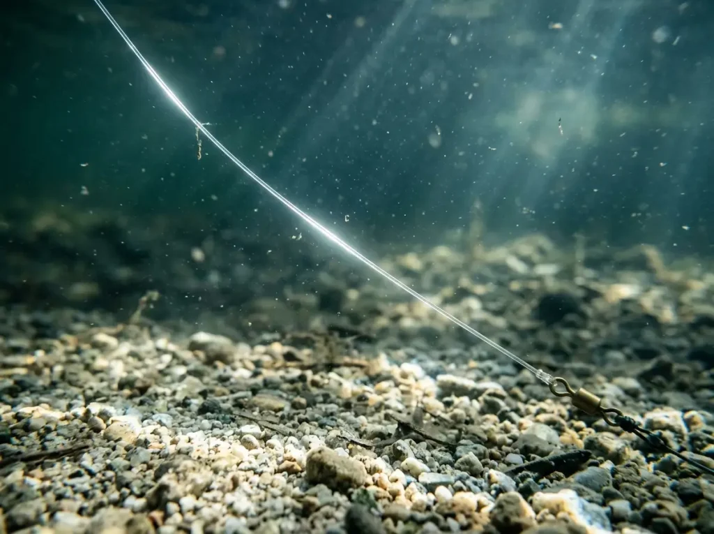 Underwater fluorocarbon leader suspended off a gravel bottom lit up as light travels down its length