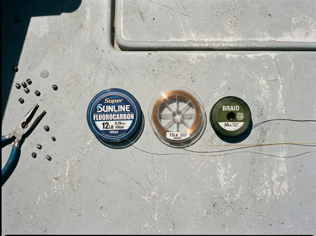 Three fishing line spools fluorocarbon monofilament and braid laid out on a boat deck for comparison